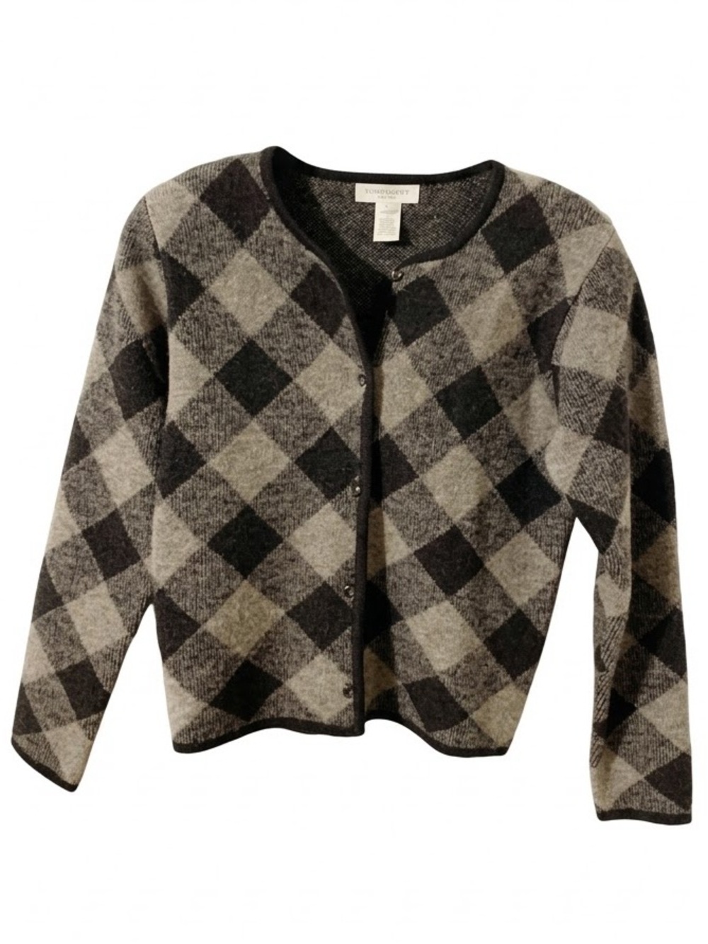 Jones New York Petites Merino Wool Black Tan Check Plaid Button Front Cardigan